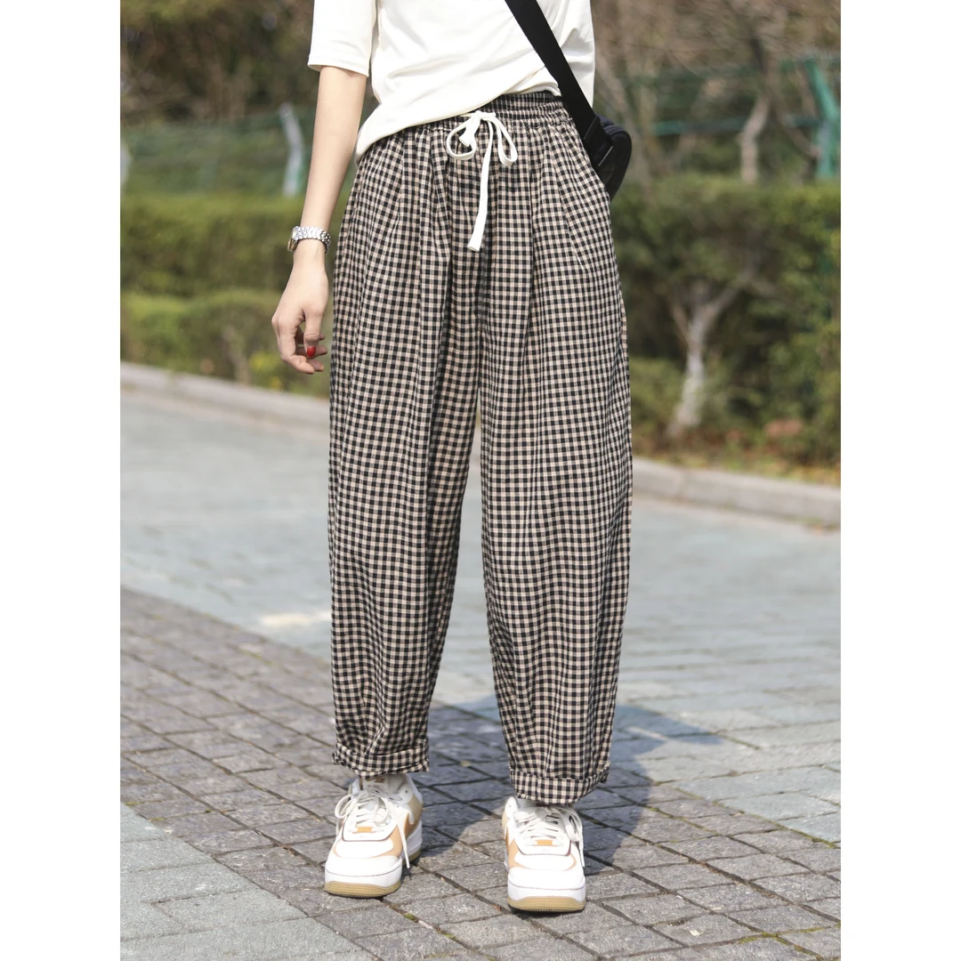 （浅笑）82111 春夏新款文艺复古系带格子宽松大码显瘦九分阔腿裤