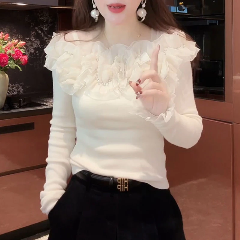 法式洋气网纱拼接长袖针织衫女2025秋冬新款时尚修身内搭减龄上衣