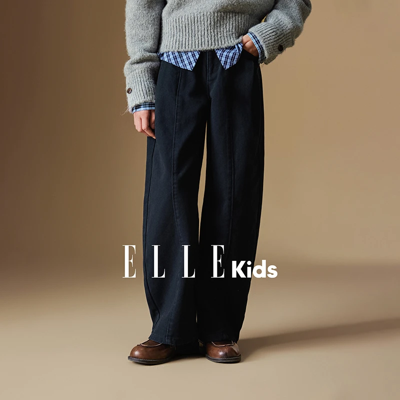 ELLE KIDS 口袋弯刀牛仔裤女童秋季新款复古个性前卫纯棉裤子F5