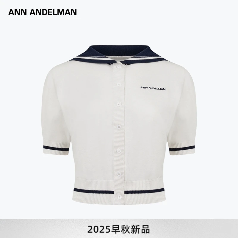 ANN ANDELMAN 25秋新款女装条纹间色毛织开衫针织短袖水手服上衣