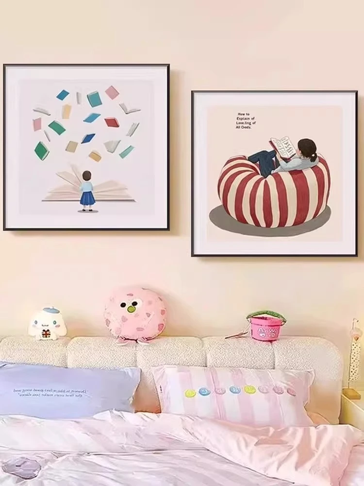治愈系儿童房爱读书的孩子装饰画卧室床头挂画小众客厅书房壁画