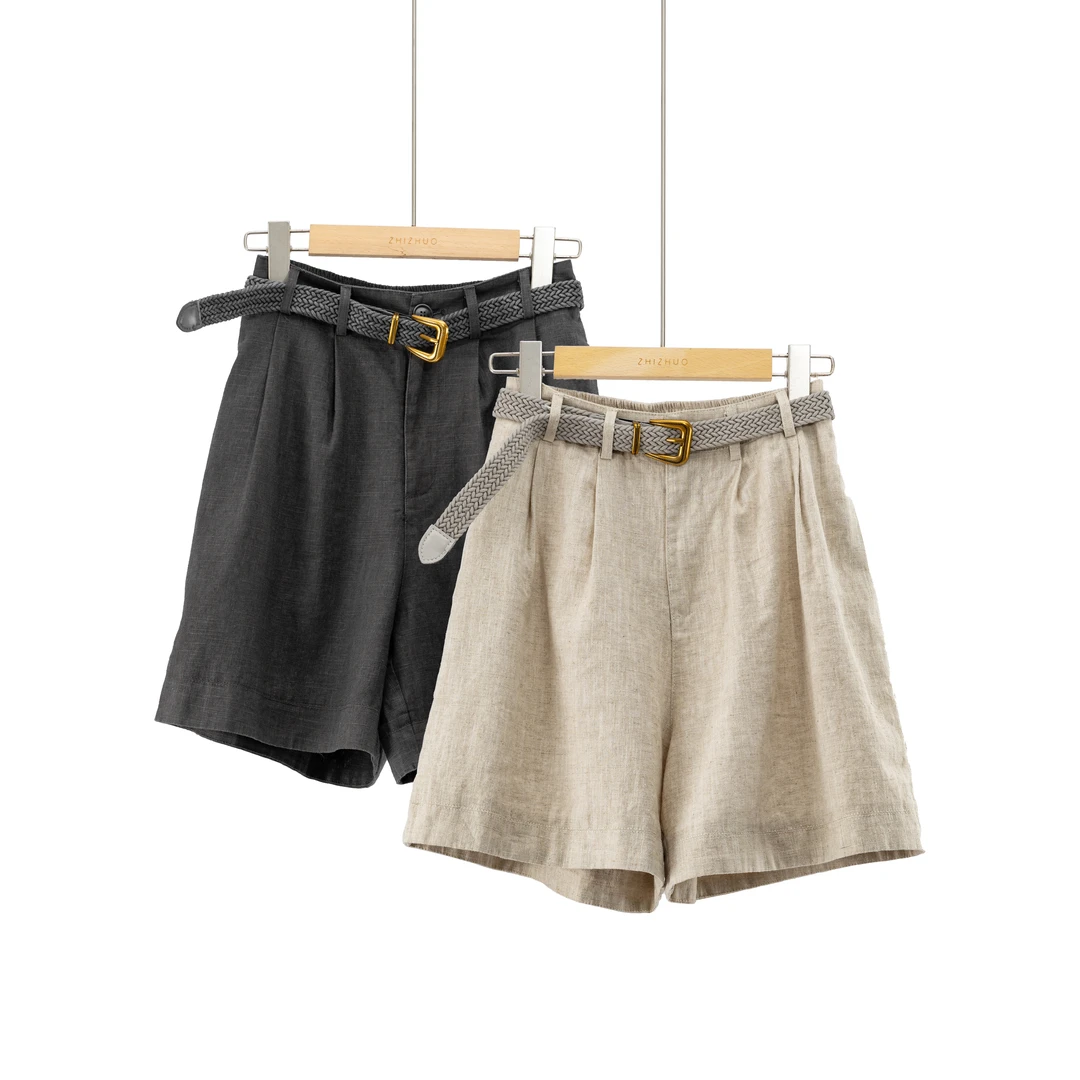 青竹雨巷薄款半松紧腰复古宽松棉麻面料休闲短裤