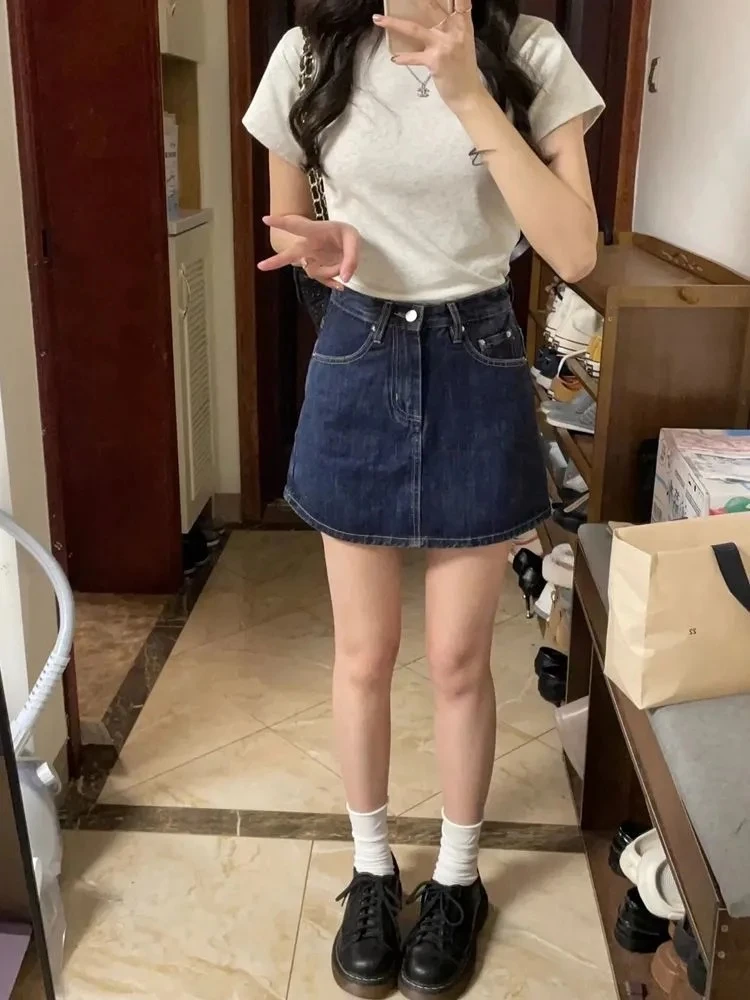 复古牛仔短裙女高腰夏季新款显瘦遮肚子遮胯a字半身裙裤