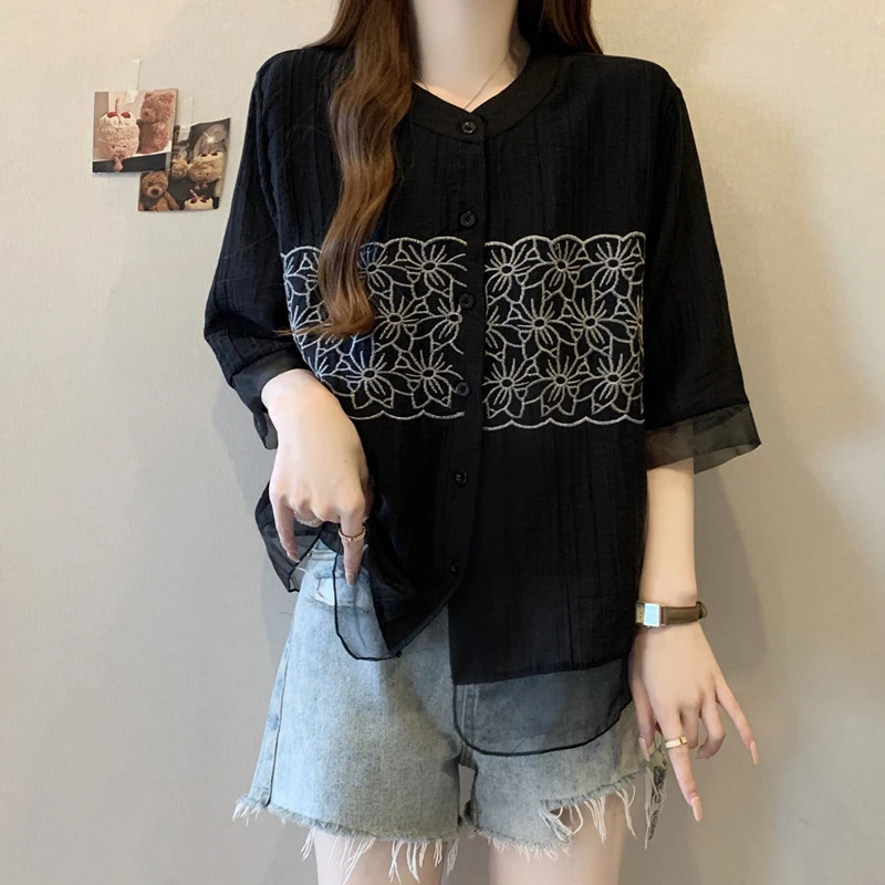 大码女装遮肚子新中式刺绣雪纺衬衫女夏季胖妹妹宽松显瘦减龄上衣