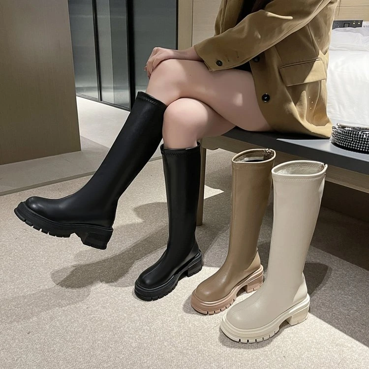 [曼曼]6cm厚底百搭小个子英伦风粗跟瘦瘦长靴