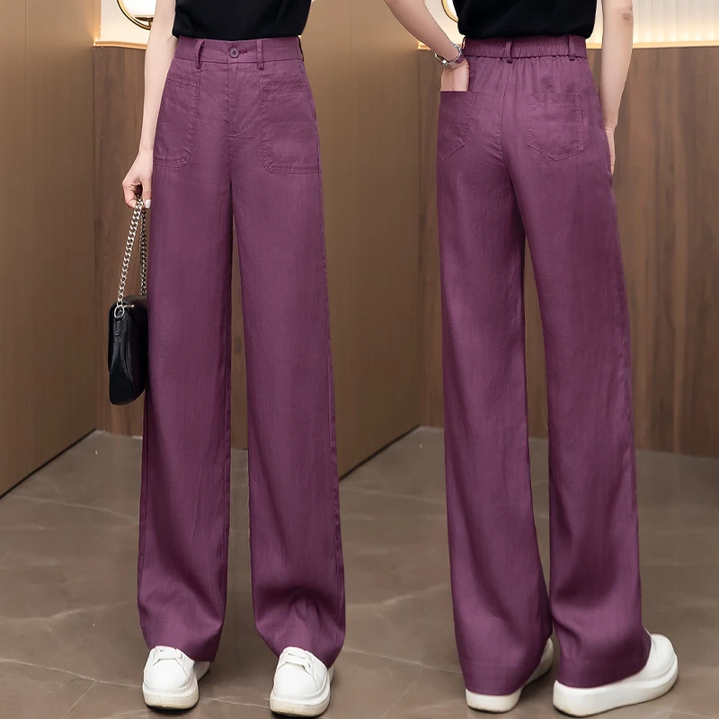 天丝亚麻窄版阔腿裤女夏季薄款2025新款高腰宽松休闲垂顺感直筒裤