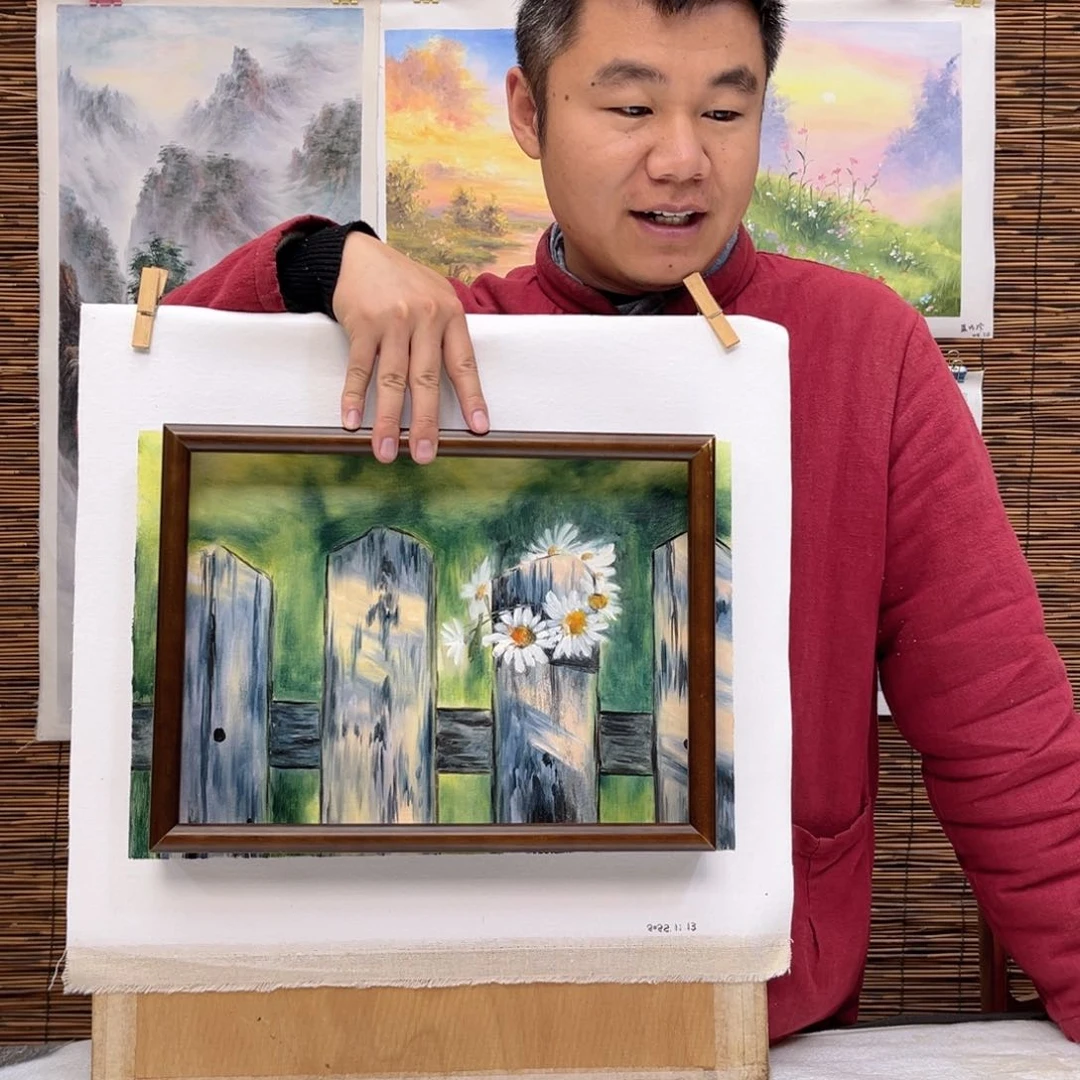 油画行路人小院绘画作品