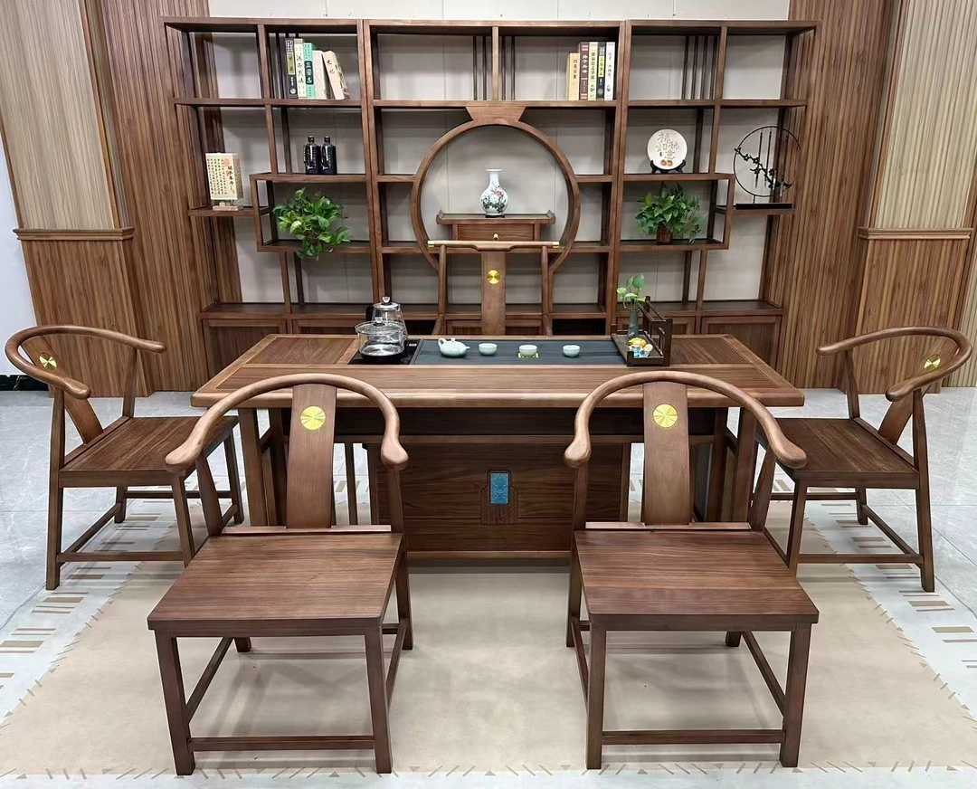 博雅新中式实木茶台一桌五椅茶桌椅组合茶几茶台家用办公储物一体