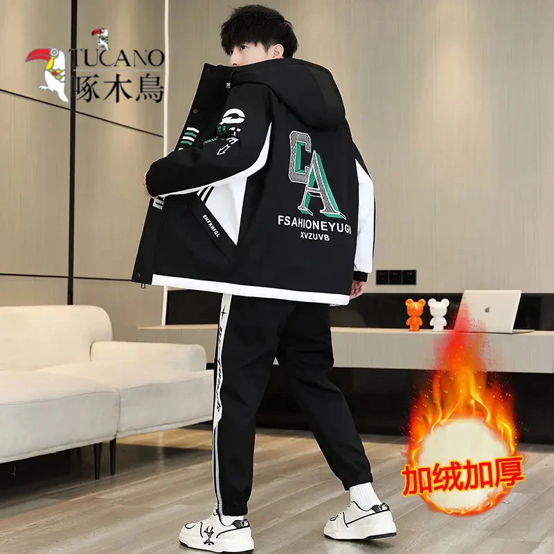 啄木鸟冬季加绒连帽夹克套装男青少年学生帅气休闲宽松潮流外套男