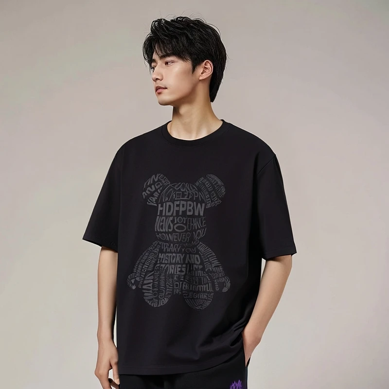 新款B011美式休闲ins潮牌港风小熊印花短袖T恤男女夏季纯棉宽松款