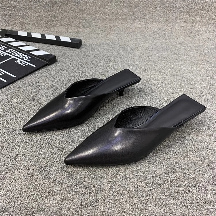 真皮断码清仓时尚百搭包头半拖鞋女2025夏季新款尖头细跟软底凉拖