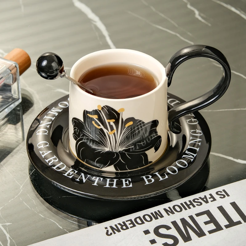 香水百合陶瓷马克杯子中古风小众设计感高颜值下午茶咖啡杯碟