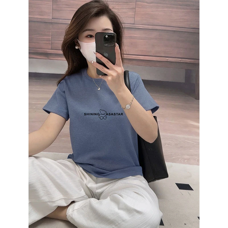 2025春夏新款小众设计感磨毛短袖t恤女百搭洋气正肩加厚圆领上衣
