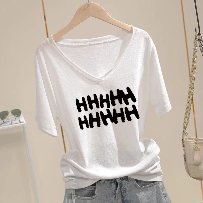 2025夏季新款极简风常规字母短袖V领T恤修身百搭半袖不规则显瘦潮