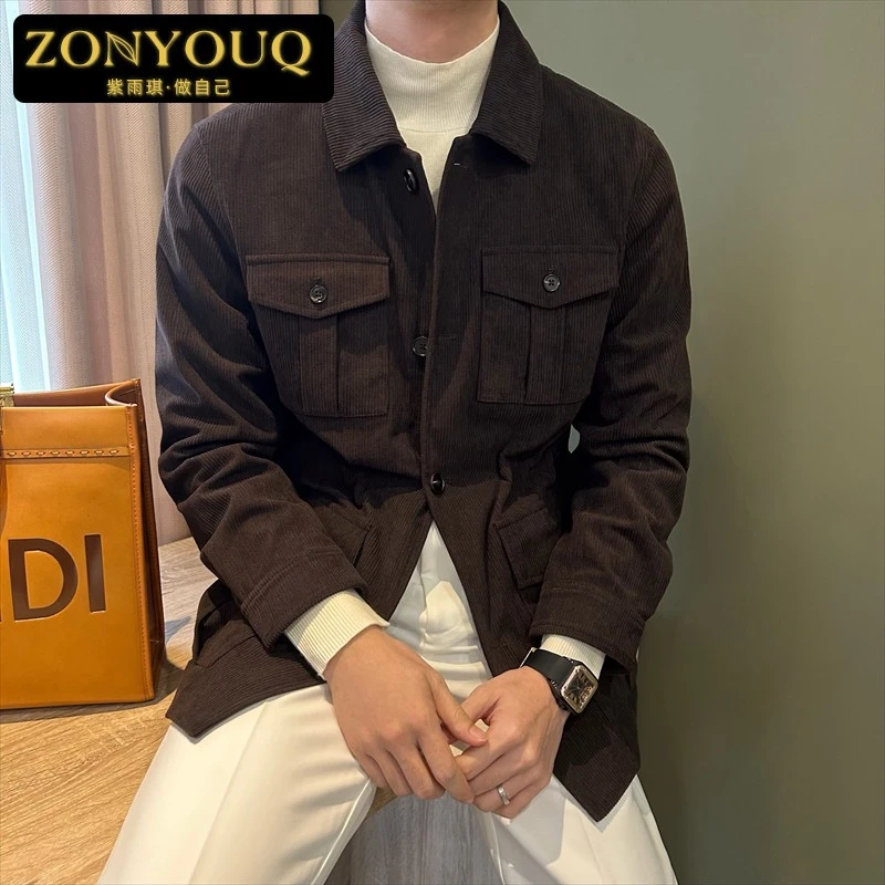 ZONYOUQ复古亚麻夹克男士秋季修身上衣猎装多口袋中长款工装外套