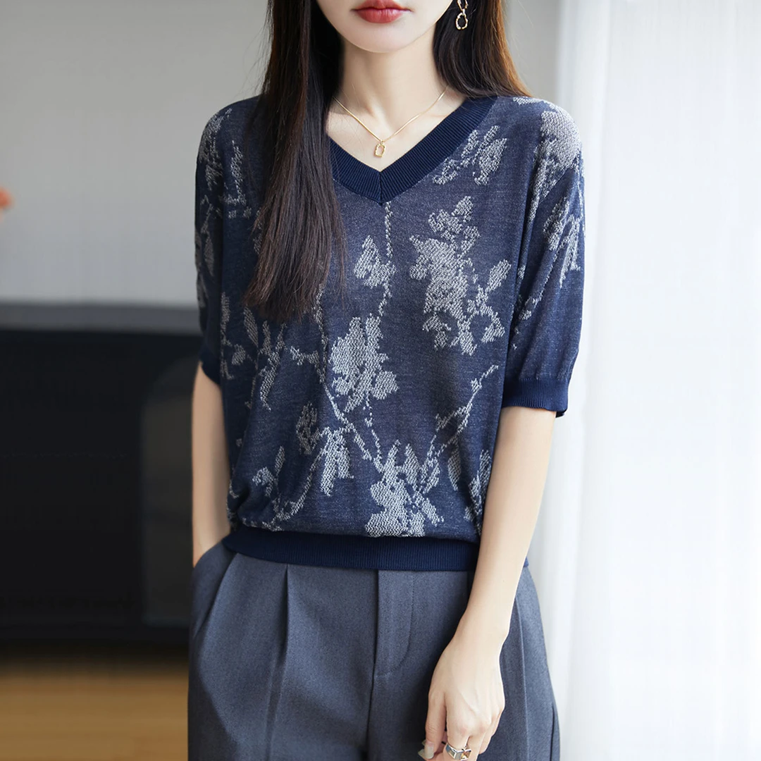 天丝短袖夏季V领拼色提花Tt恤女宽松短款冰丝针织衫