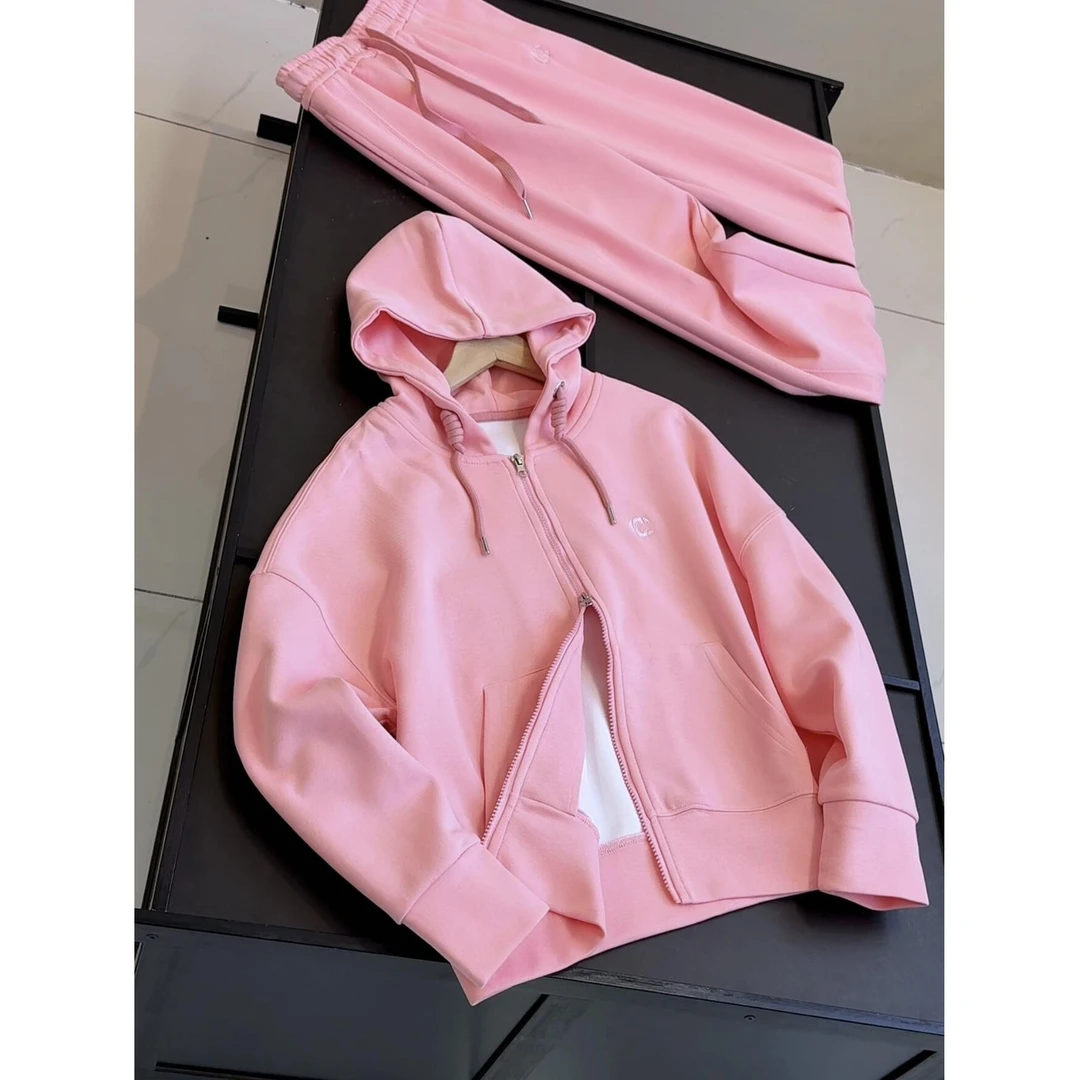 简约宽松休闲慵懒风粉色开衫连帽卫衣外套卫裤长裤时尚套装