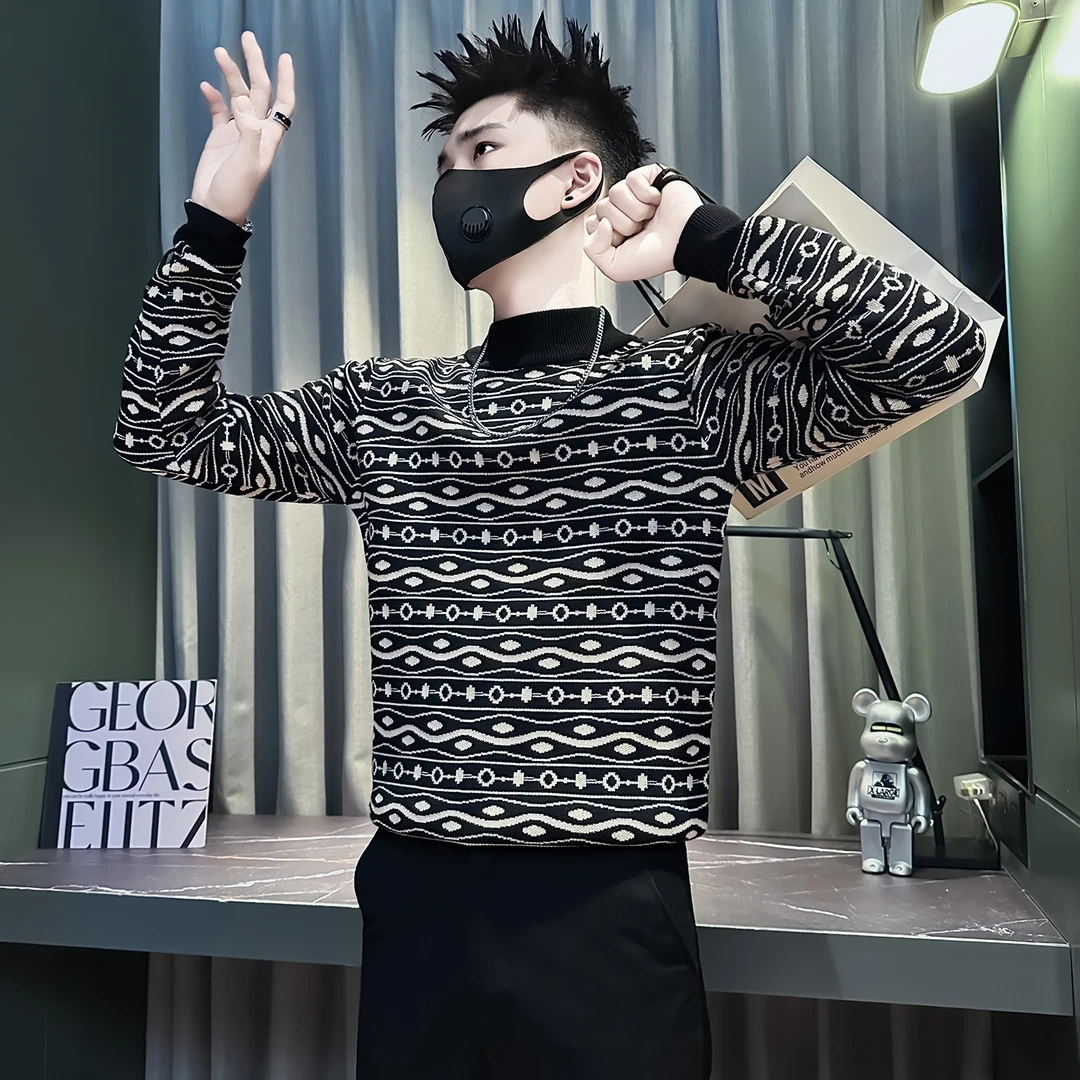 毛衣男款痞帅高级感民族风提花内搭针织衫修身加厚潮牌中领打底衫