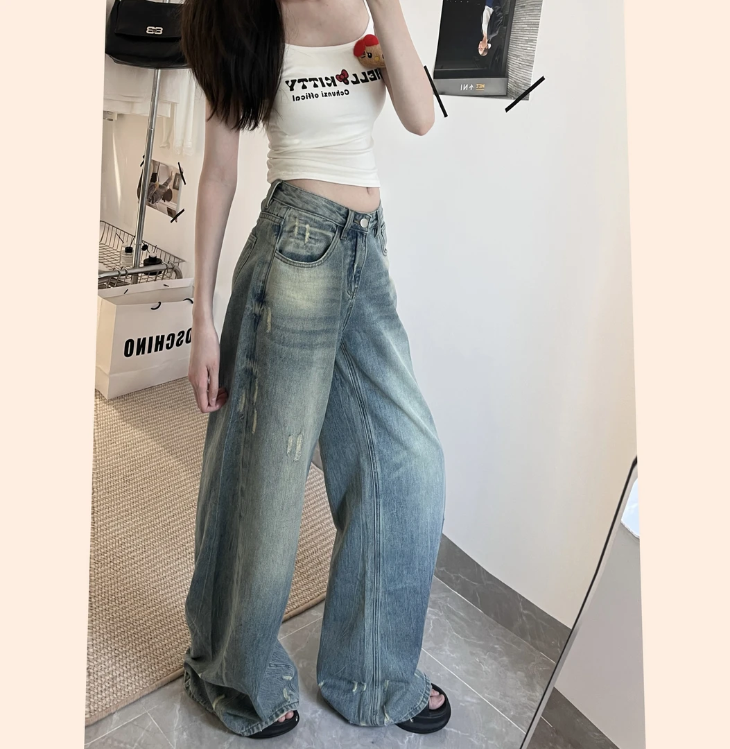 美式复古新款水洗浅蓝春夏季中腰做旧宽松慵懒直筒阔腿破洞牛仔裤