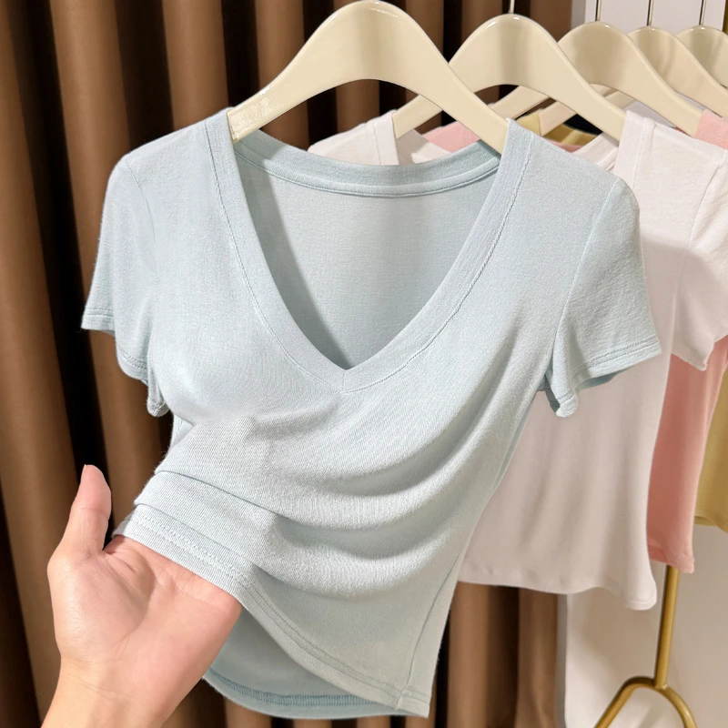 大领口短款t恤女薄款夏季新款气质针织V领短袖上衣低领内搭打底衫