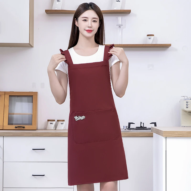 时尚纯色花褶交叉肩带围裙咖啡奶茶店厨房饭店防水油工作餐厅耐磨