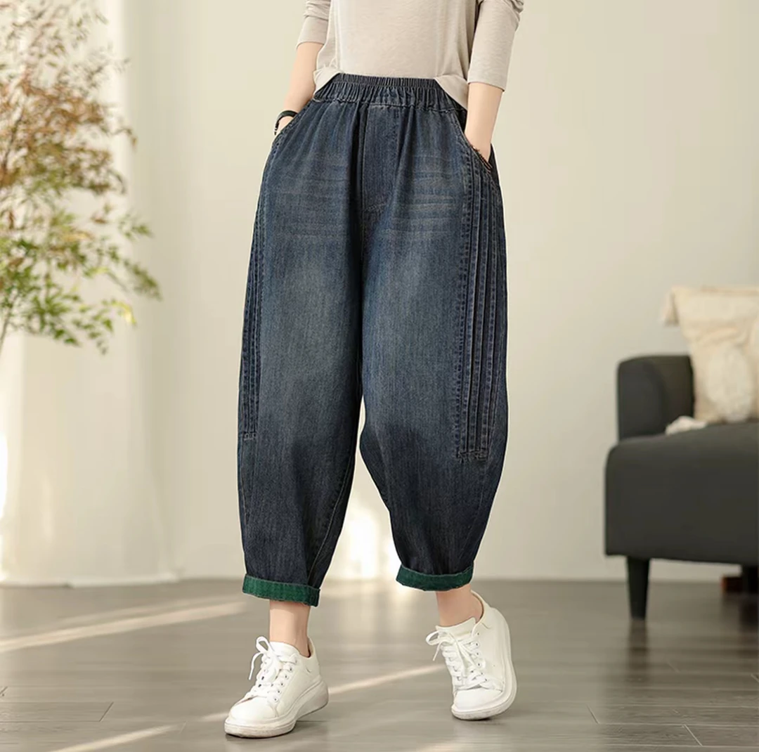软牛仔八分裤女薄款夏季新款松紧腰显瘦百搭哈伦裤宽松大码牛仔裤