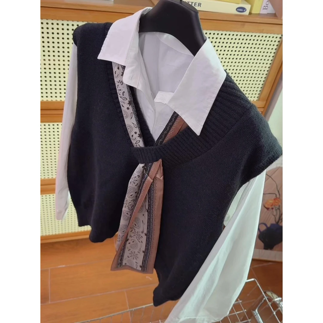 十三行韩系高级感时尚针织马甲女2025秋季新款设计显瘦衬衫两件套