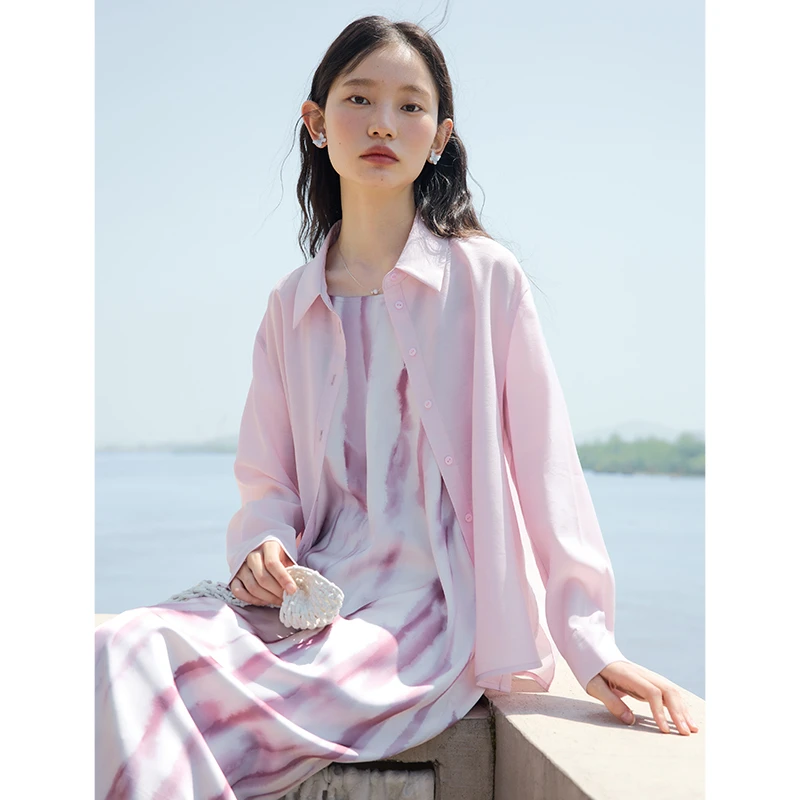 自巧自巧小个子女装宽松粉色连衣裙衬衫梨形身材穿搭 24ZQ92225