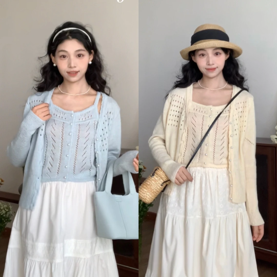 2173 “温柔陷阱”马海毛～法式镂空吊带+毛针织开衫套装