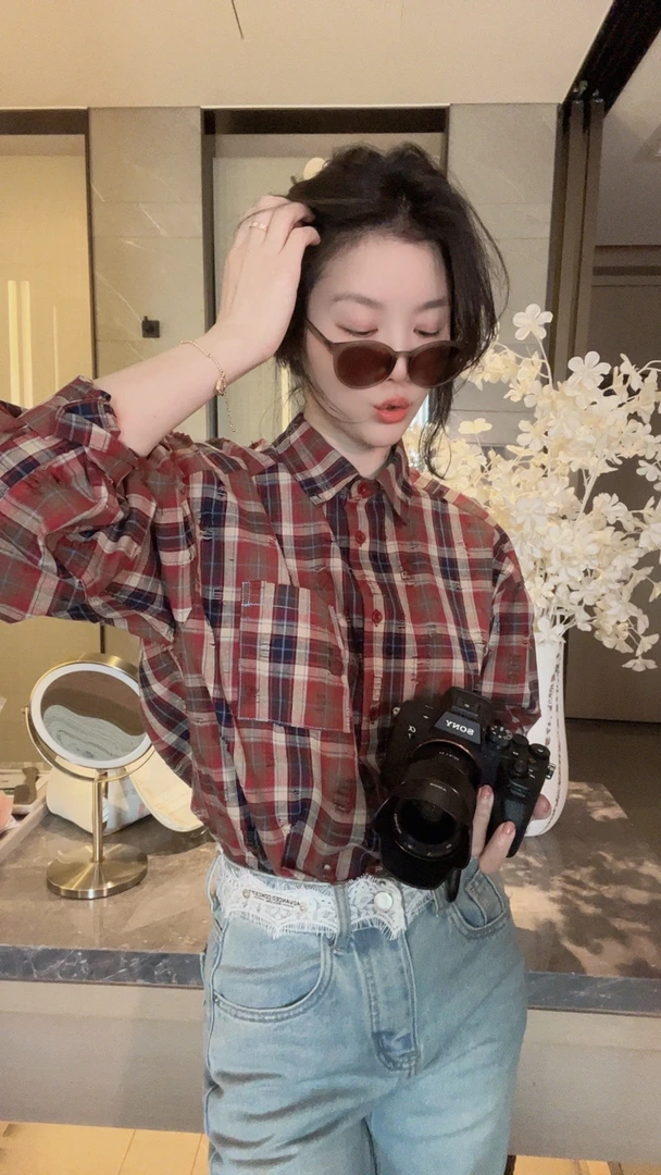 【悦悦专属】复古撞色格子磨破衬衫L104