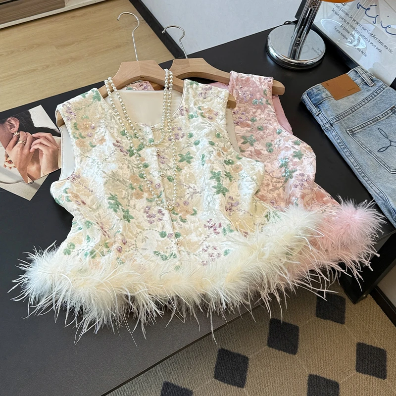 新中式国风驼鸟毛马甲女2025秋冬新款重工粉色提花圆领上衣外套