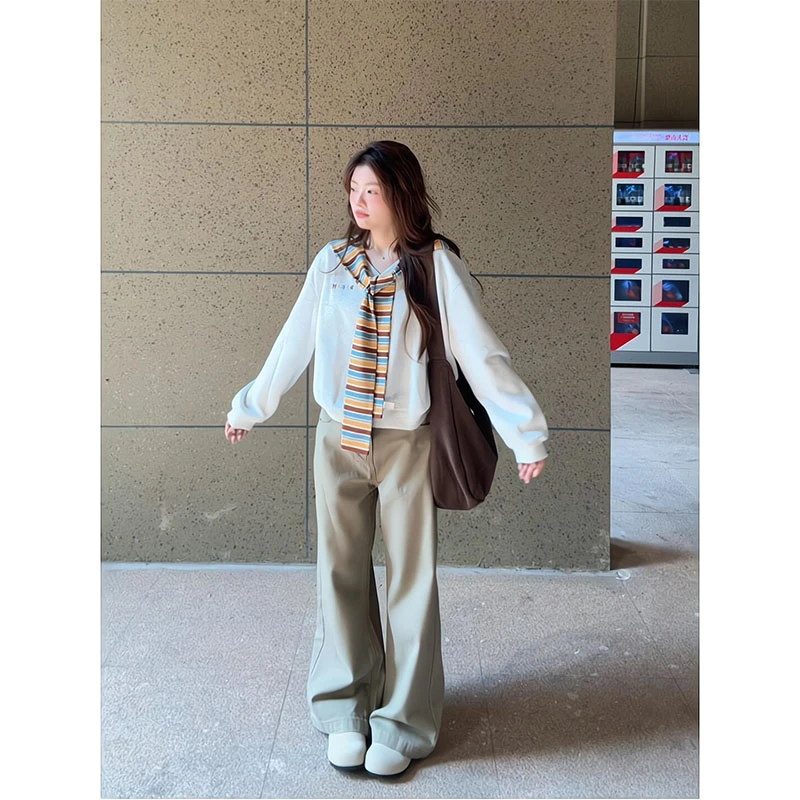 韩系巨好看早秋v领卫衣女秋季宽松披肩长袖上衣休闲直筒阔腿裤