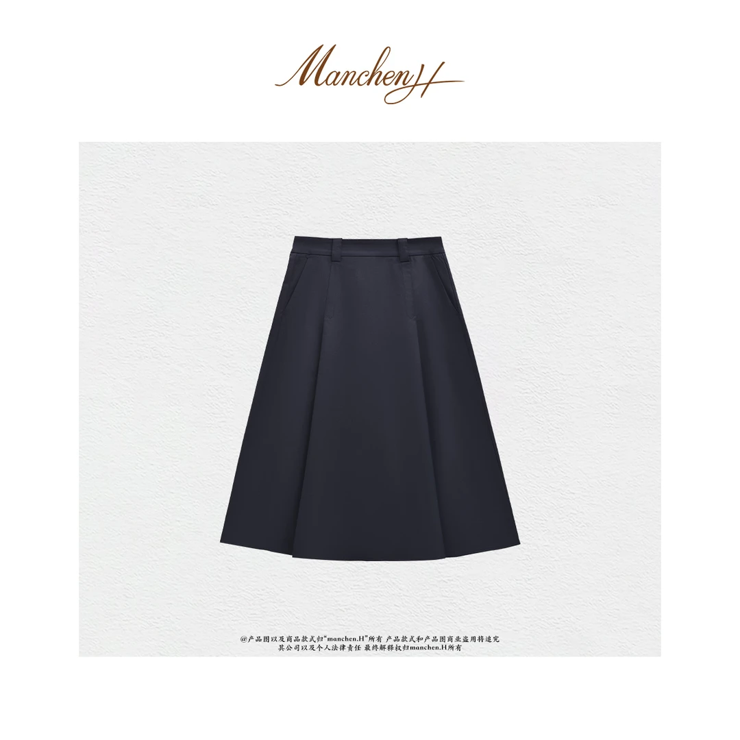 曼辰manchenh“简练美学”进口加密棉麻混纺褶皱气质半裙