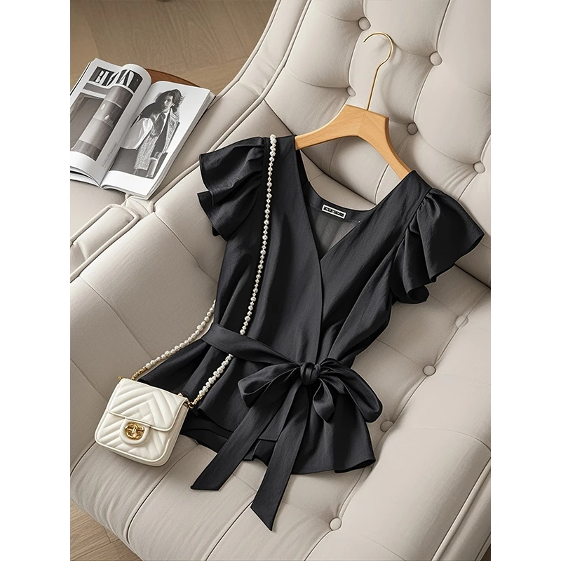 法式V领飞飞袖黑色衬衫女2025夏季新款设计感蝴蝶结收腰显瘦上衣