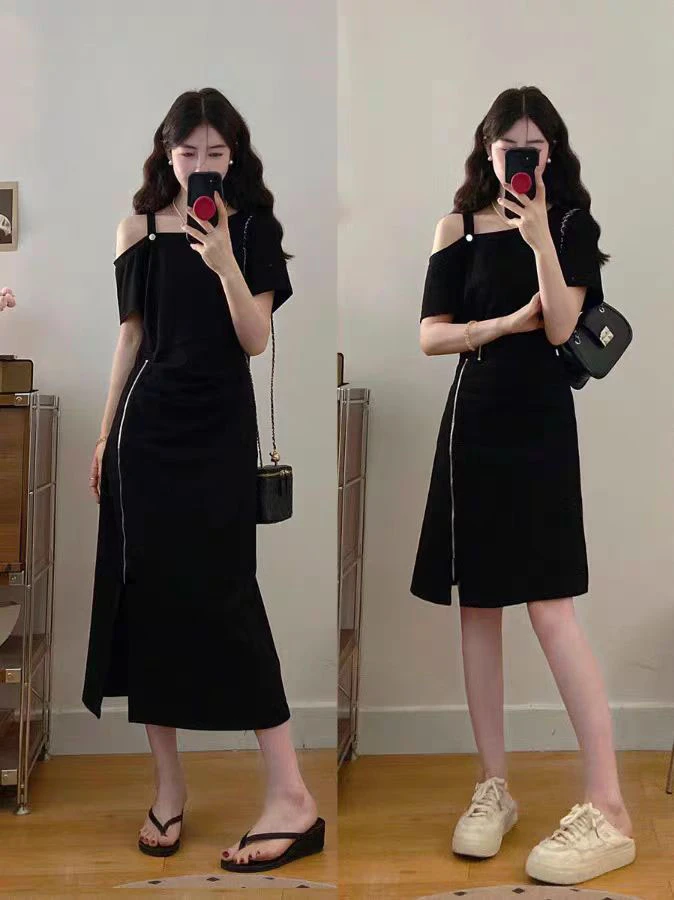 （80-200斤）纯欲黑色露肩短袖连衣裙夏新款收腰减龄拉链开叉裙1856