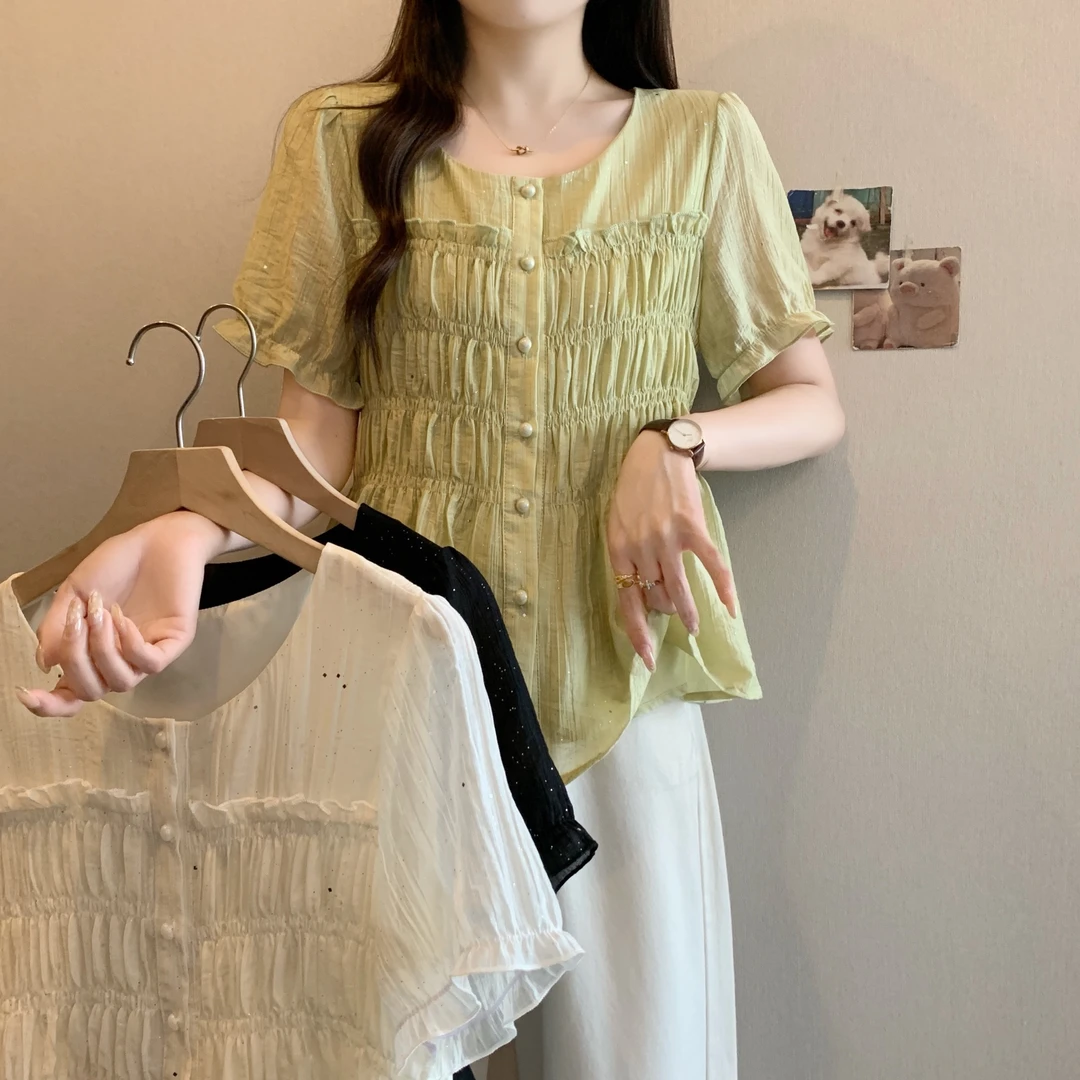2025夏装新款大码女装收腰显瘦褶皱短袖衬衫甜美泡泡袖小衫64262