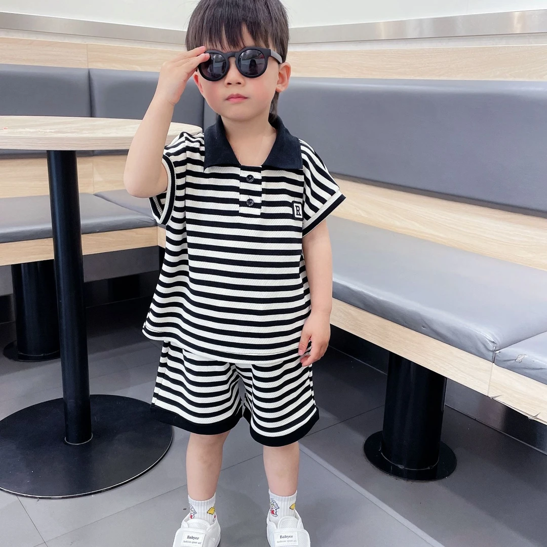 男童无袖套装2025夏季新款男宝宝时髦背心两件套儿童条纹宽松上衣