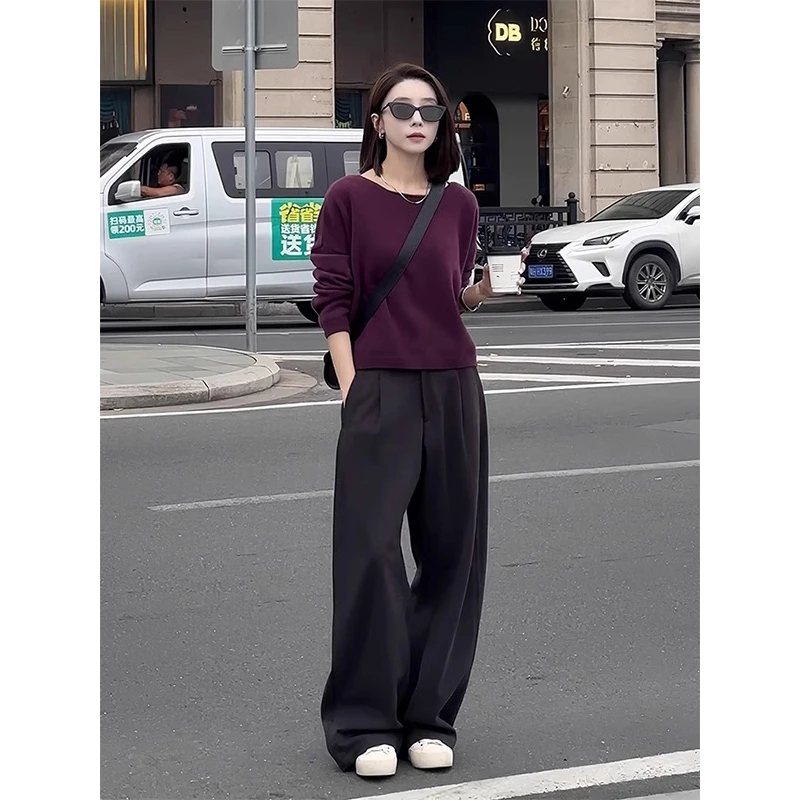 早秋穿搭套装高级感紫色圆领卫衣宽松阔腿裤盐系轻熟两件套女装