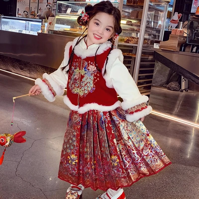 米米哈罗女童凤凰刺绣国风夹棉立领毛毛外套 D240311