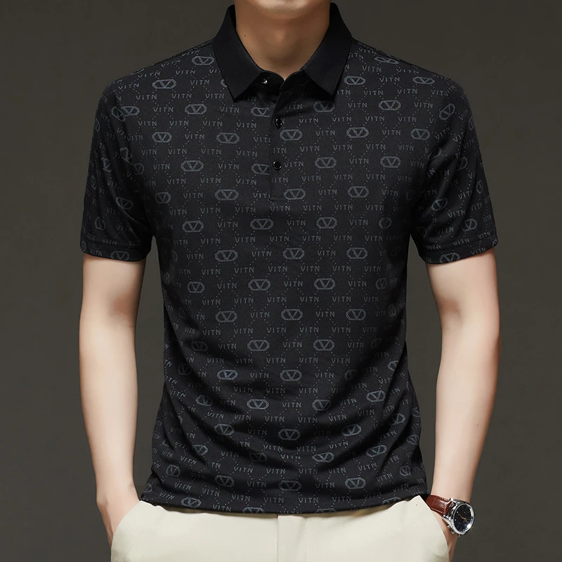 夏季冰丝短袖Polo衫男士薄款翻领印花宽松休闲半袖t恤男上衣