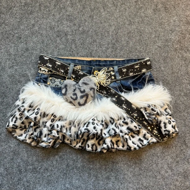 火火y2k原创“牛奶豹”拼接裙古着微瑕（牛仔裤头随机发）拍对跨围