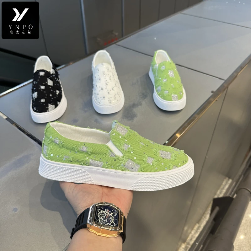 潮牌男鞋一脚蹬帆布2025夏季轻奢新款破洞透气休闲鞋时尚牛仔布鞋