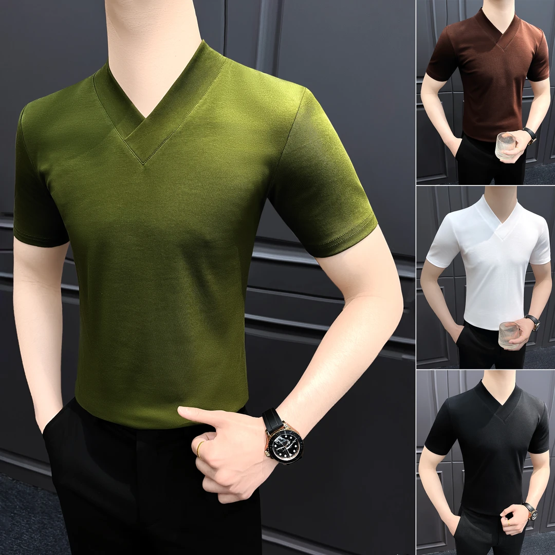 v领男士t恤短袖秋季爆款2025新款网红洋气炸街男装纯色男款打底衫