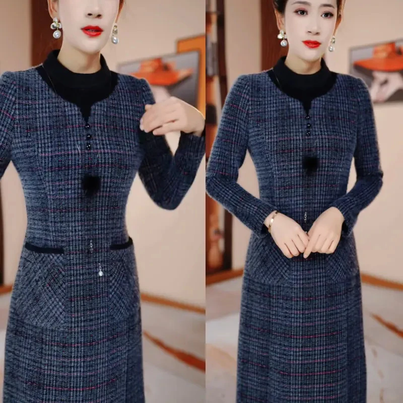 秋冬新款修身显瘦遮肉连衣裙H5B378气质高雅时尚妈妈装