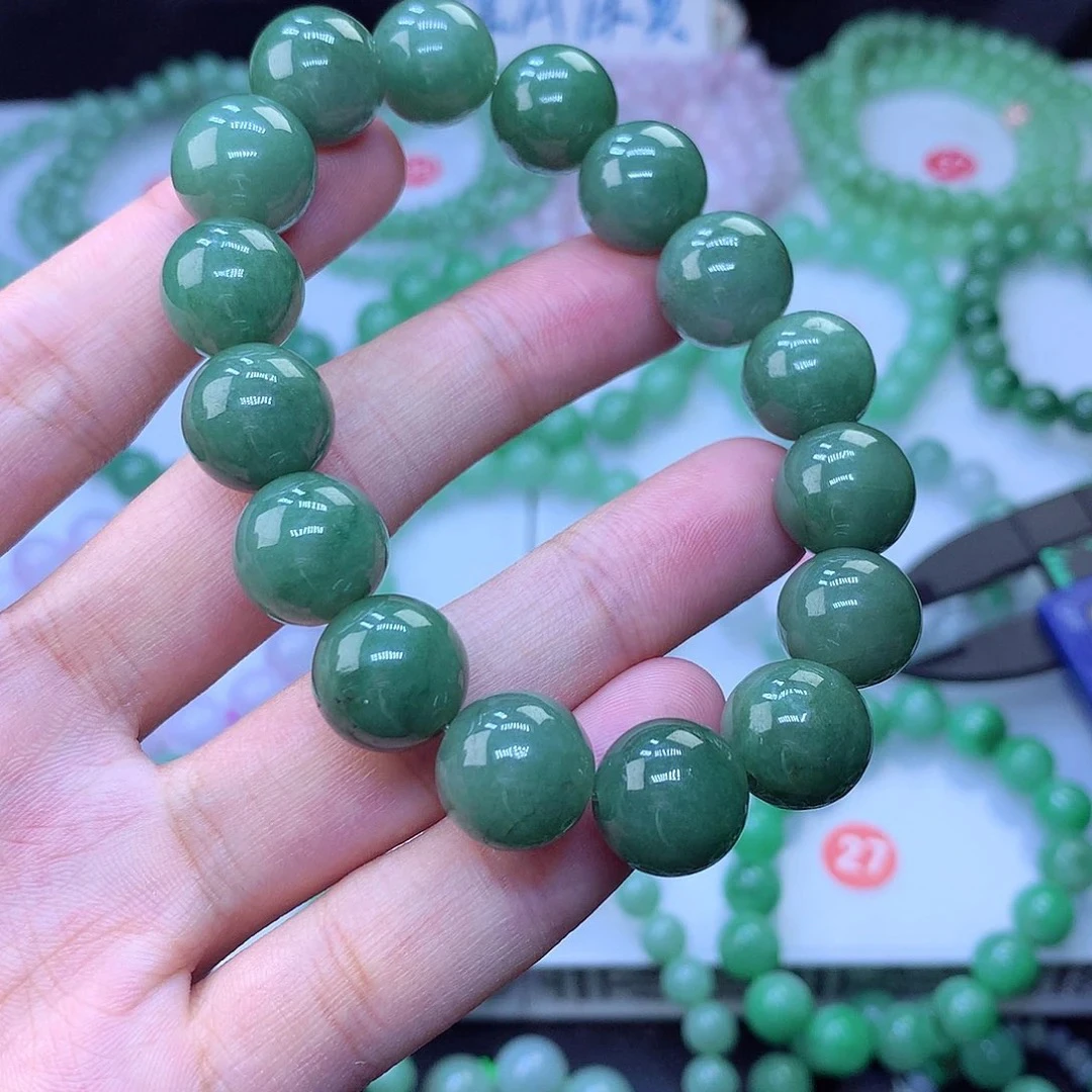 正品新款缅甸天然翡翠A货冰润满绿菠菜绿手串13-14m时尚绿色精美