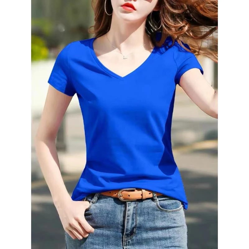 韩国克莱因蓝v领短袖t恤女夏季2025年新款潮流简约显瘦修身上衣潮
