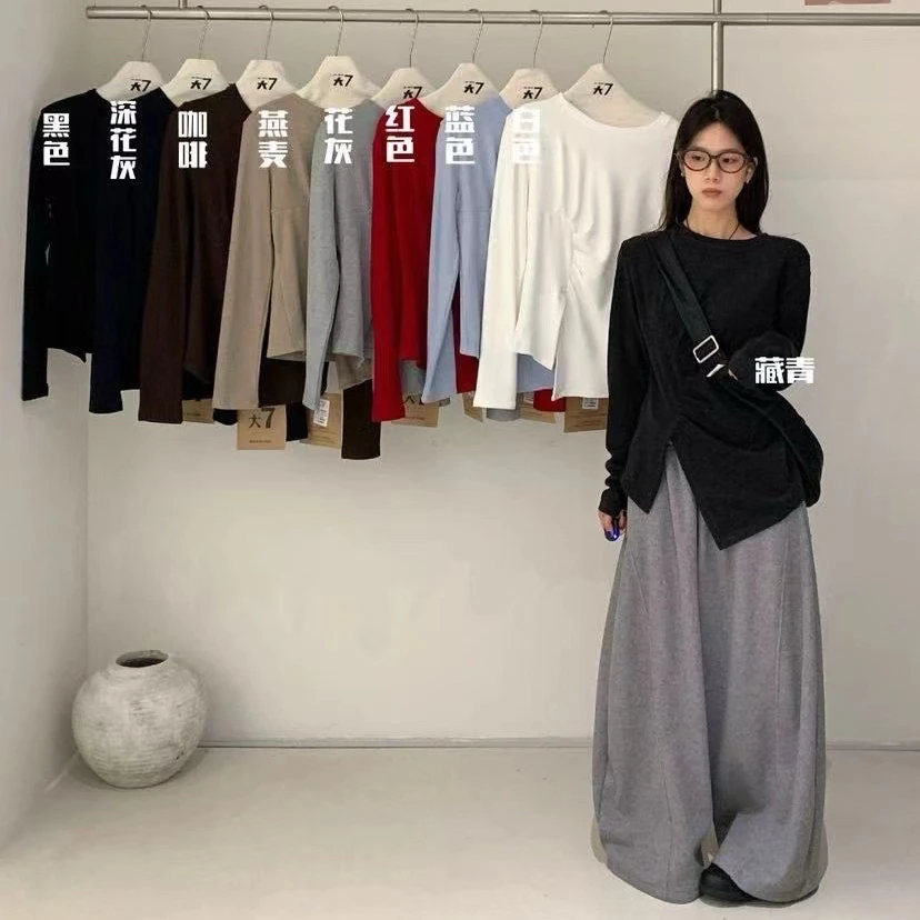 【肉思RS】大7韩版宽松大码女装胖mm慵懒百搭圆领澳绒开衩打底T恤