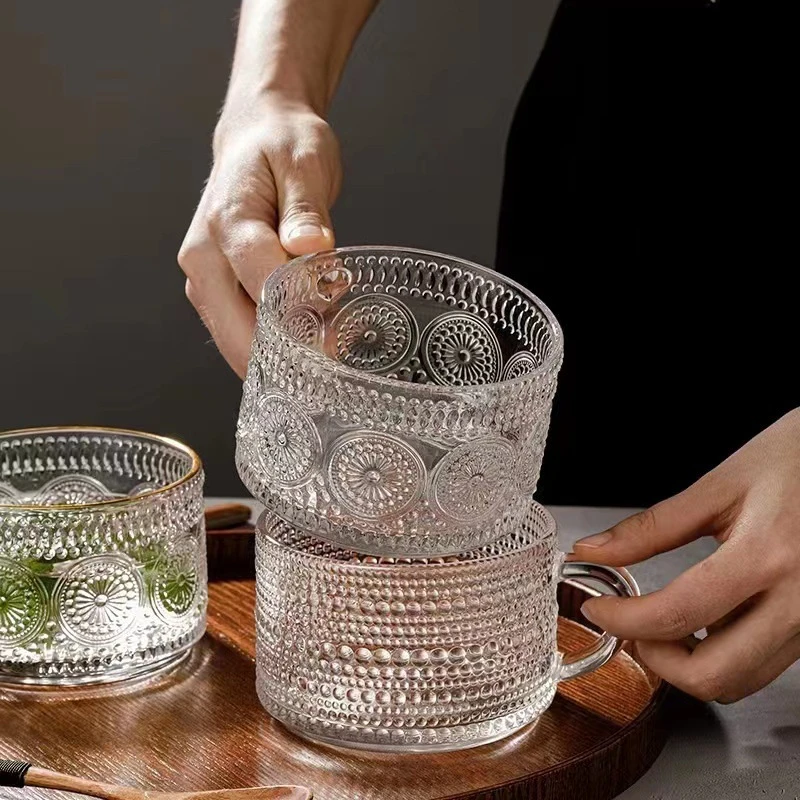 牛奶杯复古浮雕玻璃杯家用把手咖啡杯带勺子木盖燕麦杯