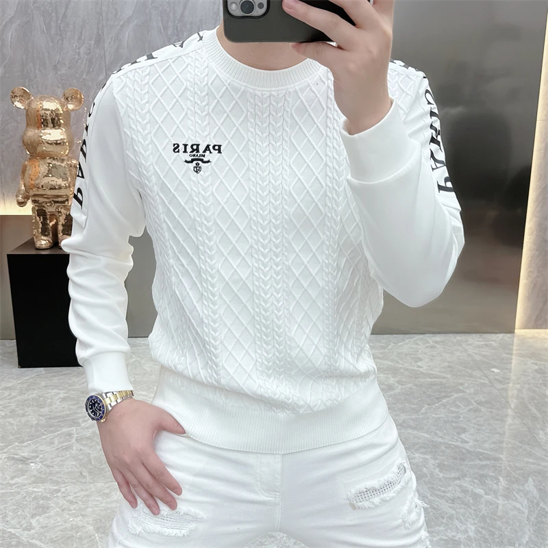 卫衣男士秋季新款个性潮牌字母刺绣针织拼接休闲长袖T恤打底衫男