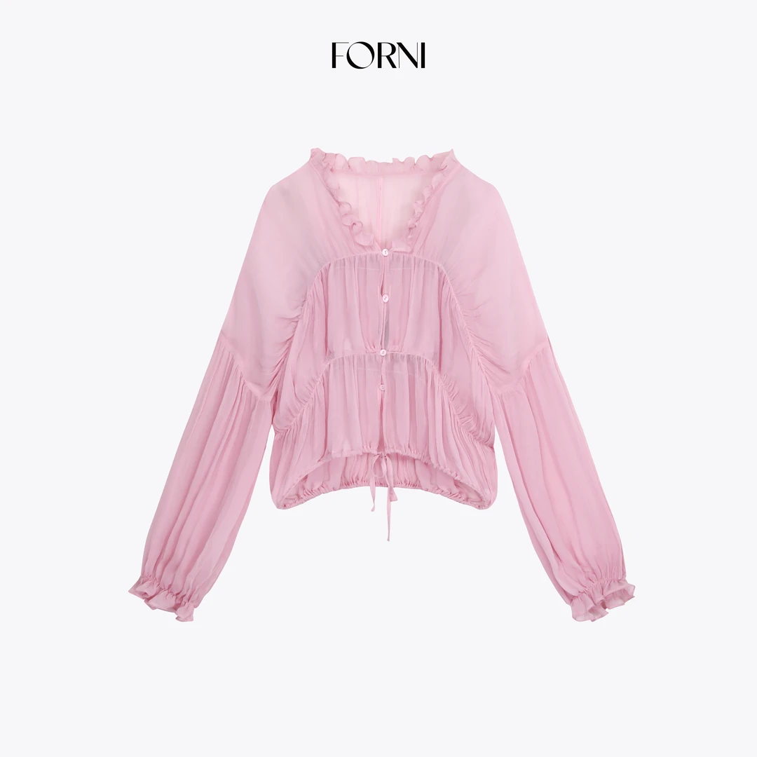 FORNI 冷荔枝 帕斯蒂尔风雪纺泡泡荷叶边清透感雪纺衬衫